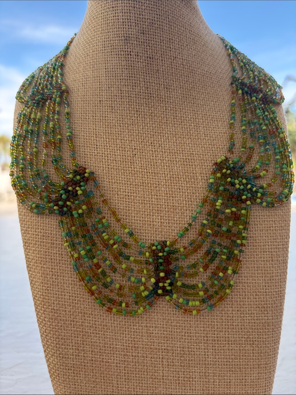 Multi-Strand Green Seed Beaded Statement Necklace - Women Jewelry